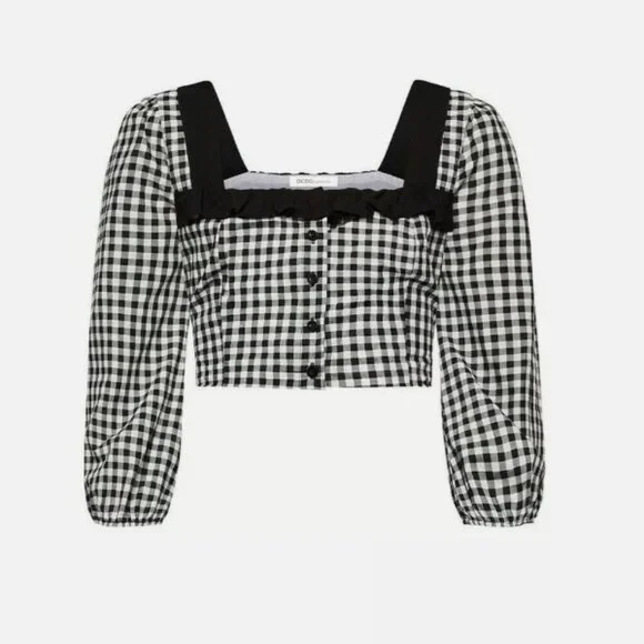 BCBGeneration Crop Top Ruffled Gingham Black White Blouse Top Shirt Sz M NWT - Picture 3 of 12